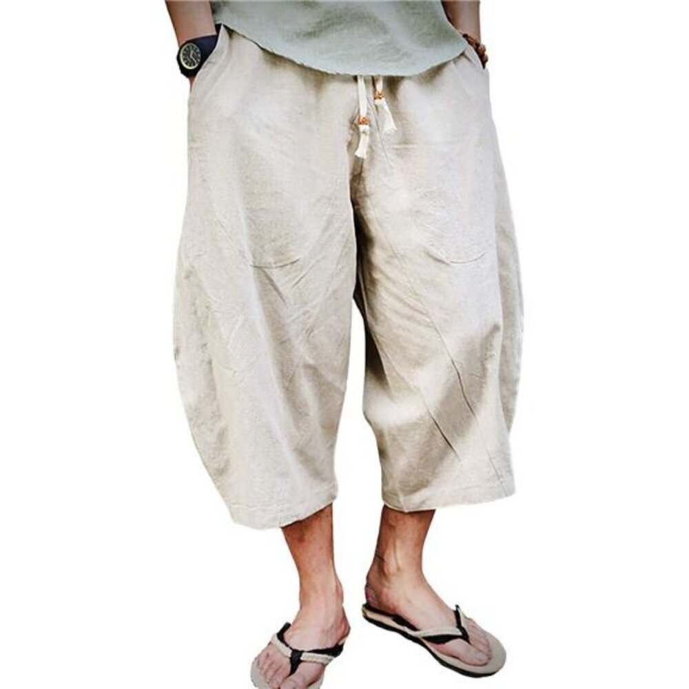 Men's Cotton Linen Capri Pants Light Loose 3/4 Long Shorts Harem Trouser